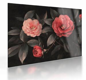 Tablou pe sticlă - Flori roșii pe fundal întunecat (70x50 cm)