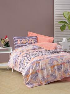 Lenjerie de pat pentru o persoana + cearceaf cu elastic Young, 3 piese, 160x220 cm, 100% bumbac ranforce, Cotton Box, Love, roz pudra