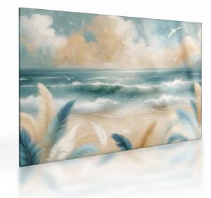 Tablou pe sticlă – Plajă pictată în culori delicate (70x50 cm)