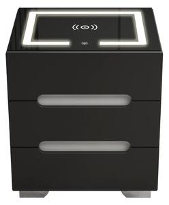 RESIGILAT- Noptieră inteligentă multifuncțională, 3 sertare, iluminare LED-uri Touch, 3 tipuri de culoare, încărcare fără fir, incarcare USB, sticla securizata, Negru