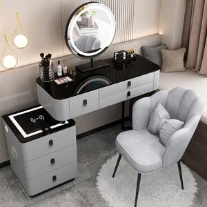 RESIGILAT- Set Margot, Masă de toaletă pentru machiaj cu oglindă iluminată LED, control touch, 6 sertare, comoda, scaun, Difuzor Bluetooth, zona încărcare fără fir, Gri, 80x40x75 cm