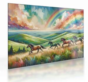 Tablou pe sticlă – Cai galopând prin peisaj (70x50 cm)