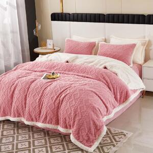 Lenjerie de pat, 2 persoane, cocolino, tip tricot, 4 piese, pătură cu blăniță, uni, roz , LPT404
