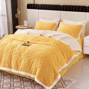 Lenjerie de pat, 2 persoane, cocolino, tip tricot, 4 piese, pătură cu blăniță, uni, galben , LPT406