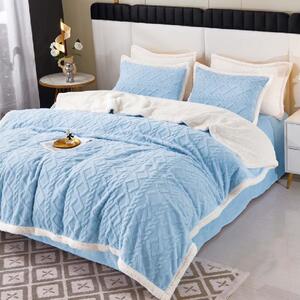 Lenjerie de pat, 2 persoane, cocolino, tip tricot, 4 piese, pătură cu blăniță, uni, albastru deschis, LPT407