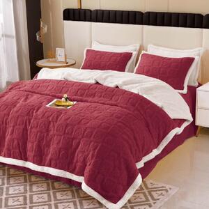 Lenjerie de pat, 2 persoane, cocolino, tip tricot, 4 piese, pătură cu blăniță, uni, rosu , LPT410
