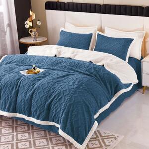 Lenjerie de pat, 2 persoane, cocolino, tip tricot, 4 piese, pătură cu blăniță, uni, albastru , LPT408