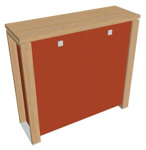 Dulap mediu Verno+ S 140 x 46 x 130 cm, uși de sticlă, stejar deschis / portocaliu