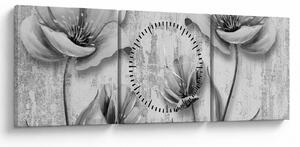 Tablou - Flori alb-negru pe fundal (cu ceas) (90x30 cm)