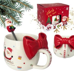 Cană ceramică, de Crăciun, cu fundă roșie și linguriță, 400ml, KB25CZE, eCarla