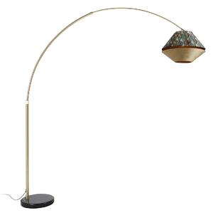 Lampă arcuită din alamă cu abajur dublu de catifea cu design de frunze și bej - XXL