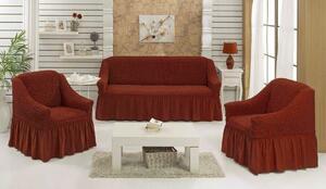 Set huse elastice si creponate pentru canapea 3 locuri si 2 fotolii, cu volanas, culoare Caramiziu