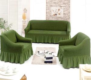 Set huse elastice si creponate pentru canapea 3 locuri si 2 fotolii, cu volanas, culoare Verde