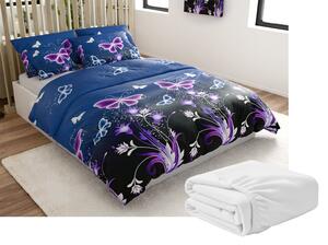 Set Lenjerie cocolino VIOLET BUTTERFLY albastru inchis + Cearsaf Cocolino microplus cu elastic SOFT 180x200 cm alb, pat dublu