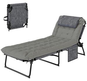 Outsunny Sezlong pliabil cu spatar inclinabil pe 4 nivele, Scaun de plaja pentru exterior cu perna, buzunar lateral,tetiera, Gri