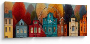 Tablou - Oraș de toamnă pictat (cu ceas) (90x30 cm)