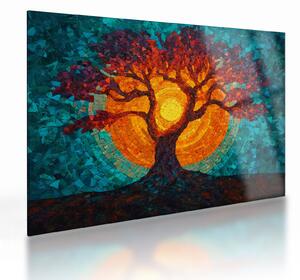 Tablou pe sticlă - Arborele vieții și soarele în mozaic (70x50 cm)