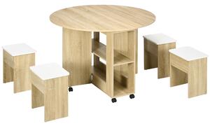 Set dining 4 persoane HOMCOM, masa de bucatarie cu extensie plianta, rotile, 4 scaune, culoare stejar | Aosom RO