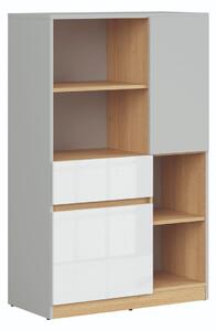 Raft Nuevaru 101, Alb lucios, Gri deschis, Stejar, PAL laminat, 126x80x39cm, 38 kg