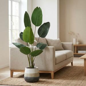 Plantă artificială Strelitzia 160 cm - Pasărea Paradisului - cu 10 frunze verzi cu detalii realiste, pentru interior, în ghiveci negru