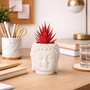 Plantă artificială Suculentă în ghiveci de ciment 12.5 cm, formă de statuetă cap Buddha, alb cu roșu