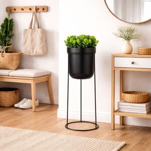 Plantă artificială Buxus 38 cm, în ghiveci cu suport metalic negru, formă cilindrică, design modern