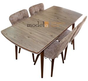 Set masa Elegant Natur MDF picioare lemn + 4 scaune , 160x80x75 cm, blat de mdf, scaune material textil, cod produs E1®️