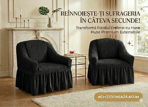 Set 2 huse pentru fotolii, elastice si creponate, Negru