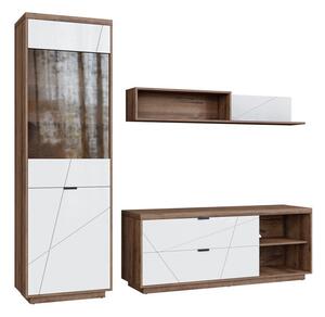 Set de living Fivale 113, Stejar Delano închis, Alb lucios, PAL laminat, Sticlă călită