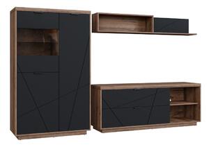 Set de living Fivale 111, Negru mat, Stejar Delano închis, PAL laminat, Sticlă călită