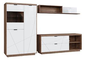 Set de living Fivale 111, Stejar Delano închis, Alb lucios, PAL laminat, Sticlă călită