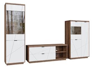 Set de living Fivale 112, Alb lucios, Stejar Delano închis, PAL laminat, Sticlă călită