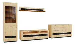 Set de living Sermeli 119, Stejar artizan, Negru, PAL laminat, Sticlă călită, MDF