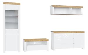 Set de living Sonsoru 144, Alb, Alb lucios, Stejar Wotan, PAL laminat, Sticlă călită