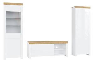 Set de living Sonsoru 148, Stejar Wotan, Alb, Alb lucios, PAL laminat, Sticlă călită
