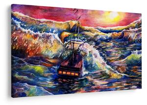 Tablou - Navă pe valurile oceanului, aquarelă (90x60 cm)