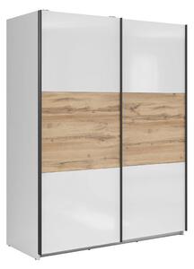 Dulap Livevaro 117, Alb lucios, Stejar Wotan, 196x154x60cm, 126.4 kg, Uși dulap: Glisante, Numărul de rafturi: 5, Numărul de rafturi: 5