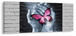 Tablou - Fluture roz în perete (120x50 cm)