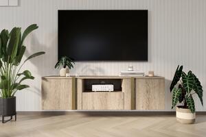 Comodă TV Verica suspendată 150 cm cu nișă - stejar burete / mânere aurii