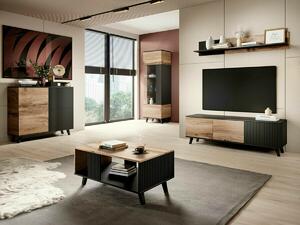 Set de living Luelia 108, Stejar Wotan, Negru, PAL laminat, Sticlă călită, MDF