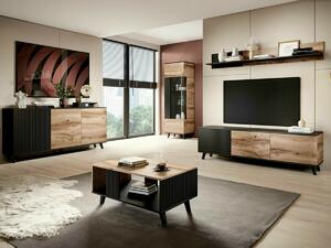 Set de living Luelia 107, Stejar Wotan, Negru, PAL laminat, Sticlă călită, MDF