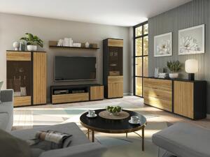 Set de living Lucami 110, Stejar, Negru, PAL laminat, Sticlă