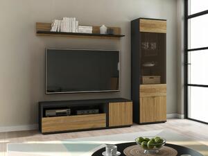 Set de living Lucami 109, Negru, Stejar, PAL laminat, Sticlă