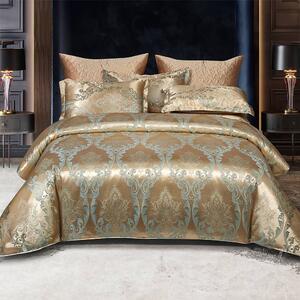 Lenjerie de pat Dublu, Colecția Deluxe (Model Royal), cu 6 Piese din Jacquard + Finet satinat, Culoare Bronz