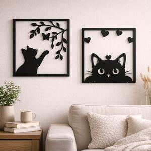 Set 2 decorațiuni cu pisici în ramă pătrată, siluete negre, Autoadeziv