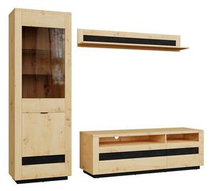 Set de living Sermeli 119, Negru, Stejar artizan, PAL laminat, Sticlă călită, MDF