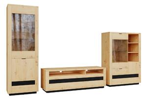 Set de living Sermeli 117, Stejar artizan, Negru, PAL laminat, Sticlă călită, MDF