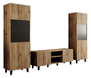 Set de living Comes, Negru, Stejar Wotan, PAL laminat, Sticlă călită, MDF