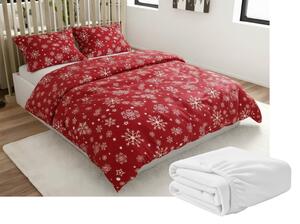 Set Lenjerie cocolino SNOWFALL rosu + Cearsaf Cocolino microplus SOFT 180x200 cm alb, pat dublu