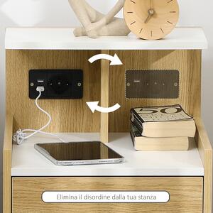 HOMCOM Noptieră Modernă cu Prize USB și Sertar, 40x40x60cm, Lemn Natural | Aosom Romania